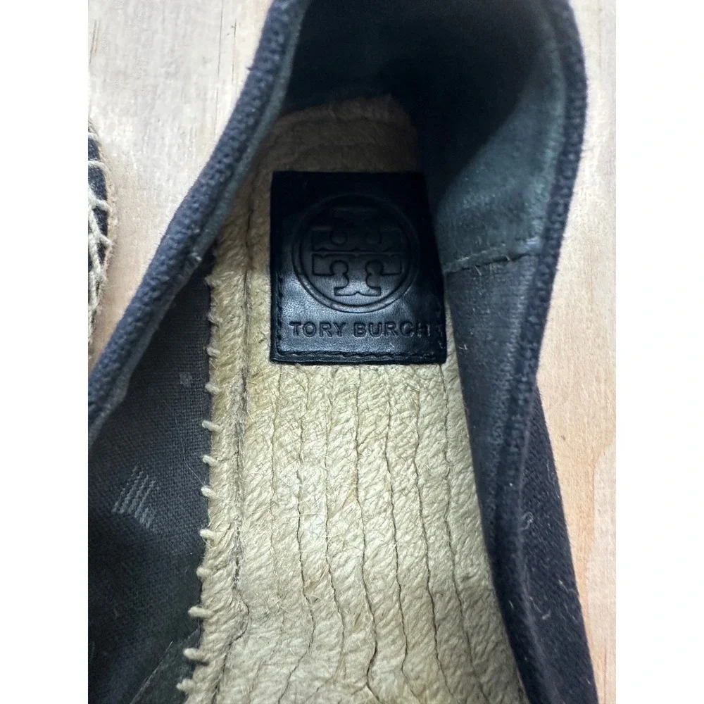 Tory Burch Canvas Logo Espadrille Flats Black White Woven Slip On Shoes 9M
